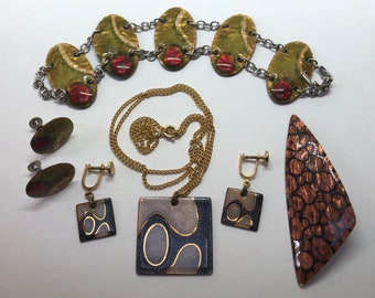 JULES PERRIER Copper Enameled Jewelry Set, Enamel Necklace, Brooch, 6 3/4” L Bracelet & Screwback Earrings, Signed