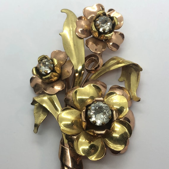 Large Copper, Brass & Rhinestone Flower Statement… - image 1