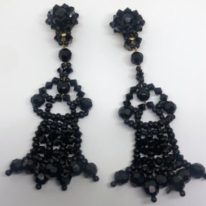 Mourning Black Crystal Beaded Dangle Vintage Earrings, Clip Ons Vintage Earrings, 4 1/4” L