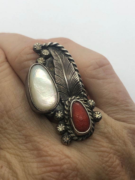 Navajo Red Coral And Mother of Pearl Silver Ring,… - image 1