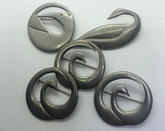 SWAN PEWTER Brooches  Lot Of 5, Some Signed Ken Kantro, Swan Pin Brooch
