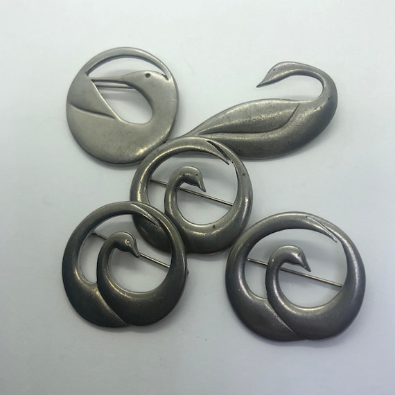 SWAN PEWTER Brooches  Lot Of 5, Some Signed Ken Ka