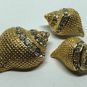 Kenneth Jay Lane Shell Brooch & Earrings, KJL Crystal Shell Jewelry Set, Clip On Earrings and Brooch KJL