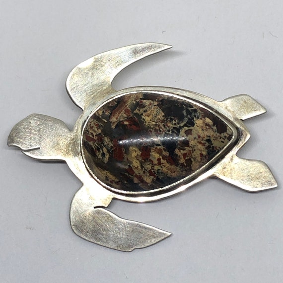 Sea Turtle Sterling and Agate Brooch, Sterling Si… - image 7