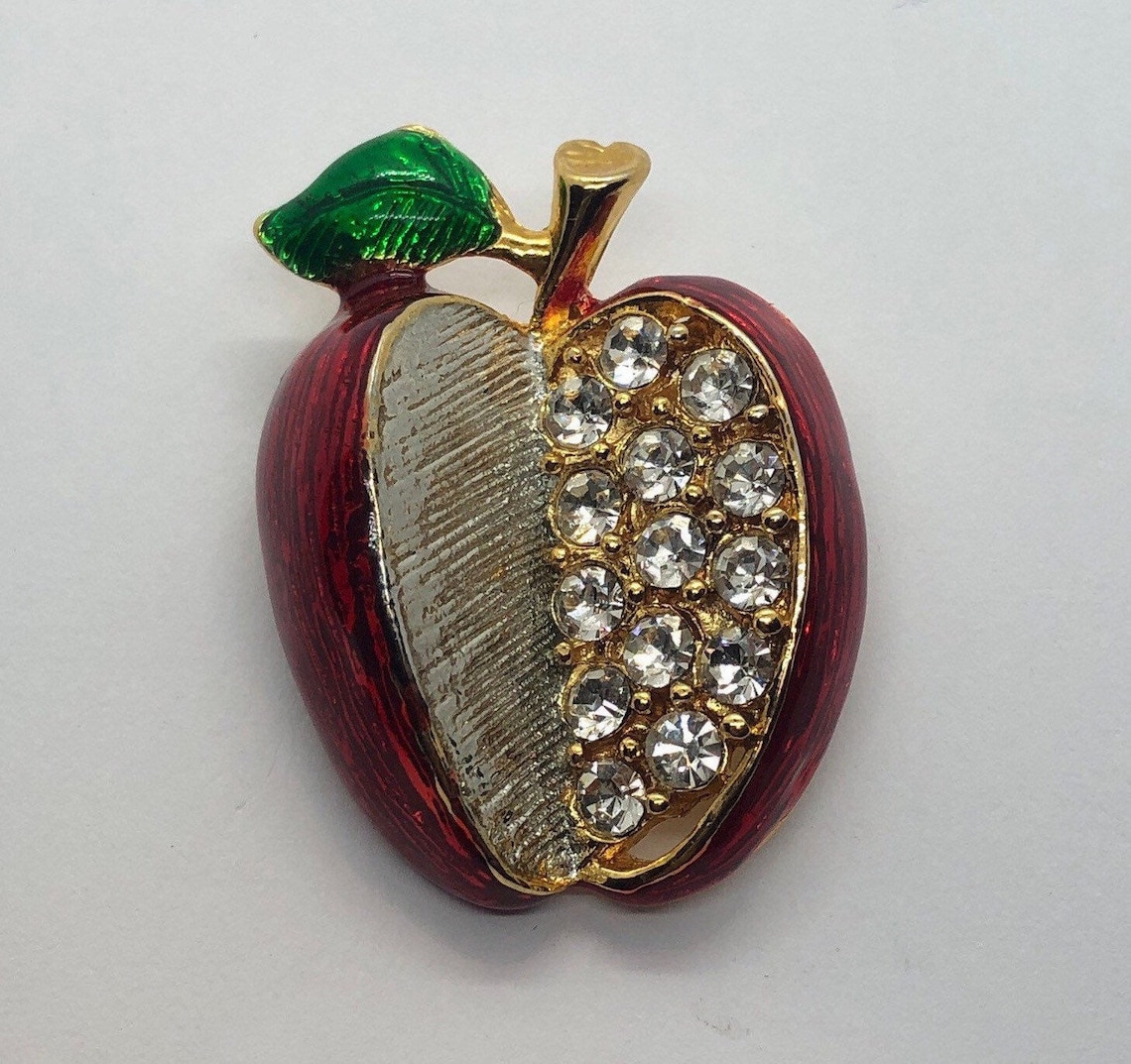 Beautiful Vintage Rhinestone Enameled Apple Brooch Etsy