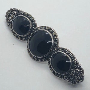 STERLING SILVER Marcasite Onyx Brooch Bar Pin
