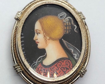 Victorian Hand Painted Miniature Necklace, 800 Silver Mini Portrait Pendant Brooch, Bridgerton Style