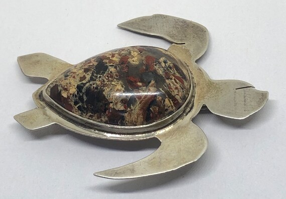 Sea Turtle Sterling and Agate Brooch, Sterling Si… - image 6