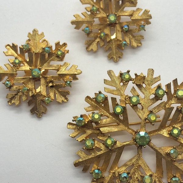 Vintage Dodds Snowflake Aurora Borealis Brooch And Clip On Earrings Jewelry Set