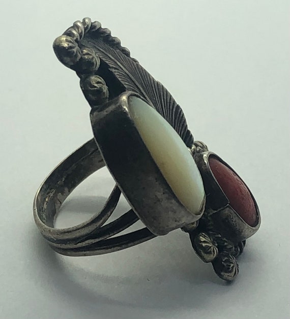 Navajo Red Coral And Mother of Pearl Silver Ring,… - image 6
