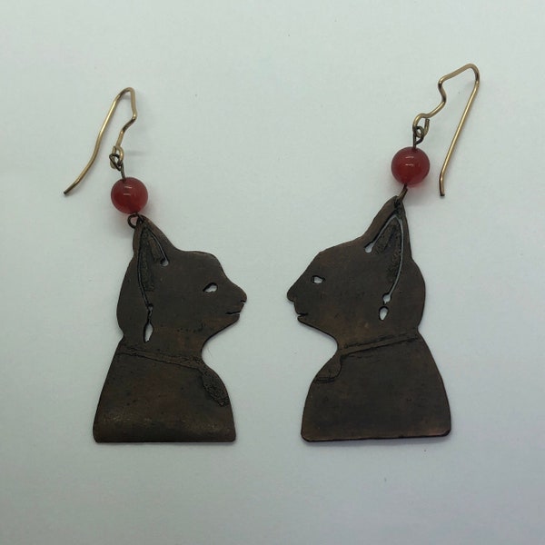 EGYPTIAN SPHYNX Cats Vintage Earrings, Copper Dangle Cat Earrings, Egyptian Cat Jewelry