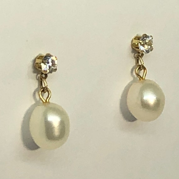 14K Gold Diamond & Pearl Vintage Earrings, Diamon… - image 1