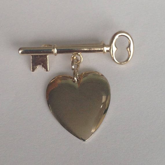 Heart and Key Brooch, Love Pin, Sweetheart Brooch… - image 1