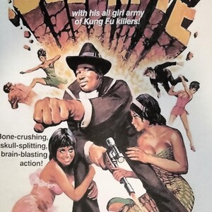 May include: Vintage movie poster for "Dolemite" featuring Rudy Ray Moore. The poster has a retro design with the title in large, cracked lettering. It depicts Moore with a gun, surrounded by action figures and the text "Bone-crushing, skull-splitting, brain-blasting action!"
