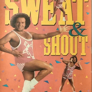 May include: A book cover with a pink background and yellow text that reads "Sweat & Shout: An Aerobic Workout". The cover features three images of a man in pink workout clothes performing different aerobic exercises.