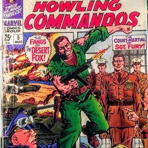 May include: A comic book cover featuring a green, red, and yellow illustration of a soldier holding a gun. The title of the comic is "Sgt. Fury and His Howling Commandos" with the text "King-Size Special!" above it. The comic is from Marvel Comics Group and is issue number 5, August 1963.