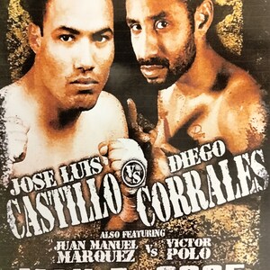 May include: A boxing poster advertising a WBC/WBO Lightweight Championship fight between Jose Luis Castillo and Diego Corrales on May 7, 2005 at the Mandalay Bay Events Center. The poster features photos of the two boxers in a fighting stance.