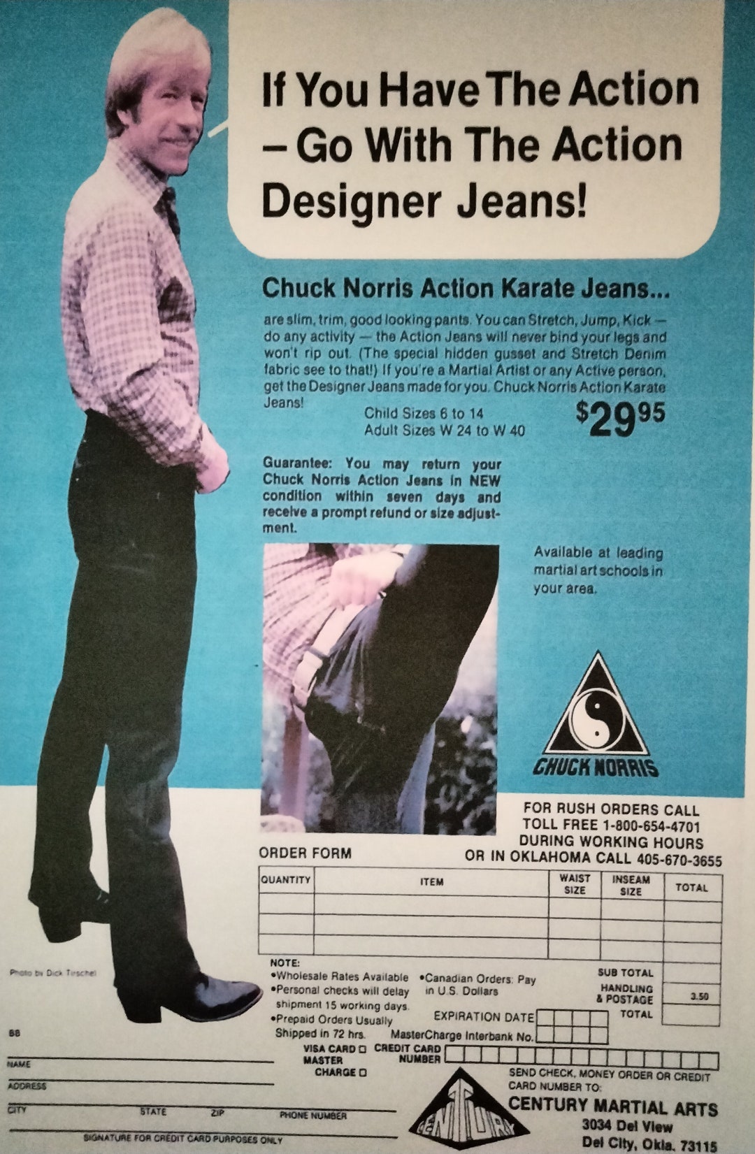CHUCK NORRIS 1980s Action Jeans Ad Laminated Print