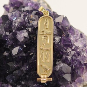 14k solid Gold Cartouche - (Available one side or 2 sides) Available in Hieroglyphic, Arabic or English Letters. Made in our workshop.