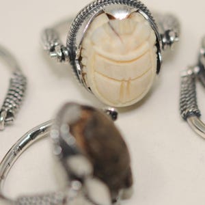 Scarab ring inlaid with original Scarab stone, golden plated, oxidized or shiny, 925 sterling silver, Egyptian handmade in our workshop