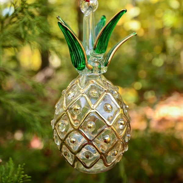 Amazing Egyptian Blown Glass Ornament- clear Pineapple with gold design