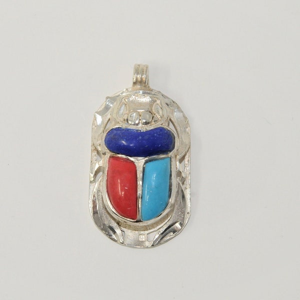 Sacred Scarab , Amazing Ancient Egyptian Scarab (Coral - Turquoise - Blue Lapis  and mixed ) Sterling Silver pendant