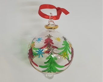 Blown Glass Ornament- clear with gold design and colored christmas tree shape