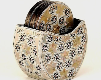 Egyptian Handmade Coasters - Set of 6 - Amazing Beech wood with inlaid Mother of Pearl. Elegant piece decorate your table by it.