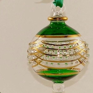 Wonderful Egyptian Blown Glass Ornament – clear with golden accents and dots (colors stripes). Unique handmade for a nice mood around you