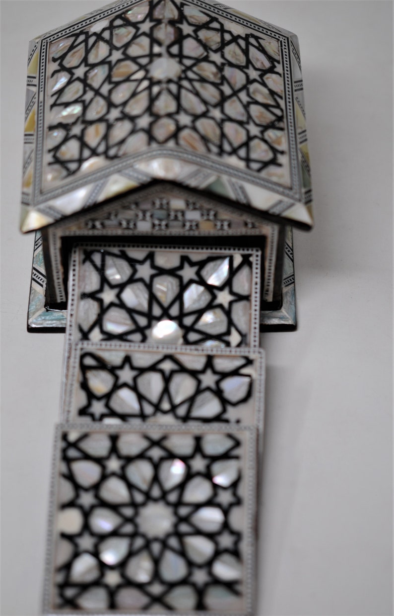 Egyptian Handmade Coasters Set of 6 - Beech wood with inlaid Mother of Pearl Elegant decoration hut made by great details & quality 2