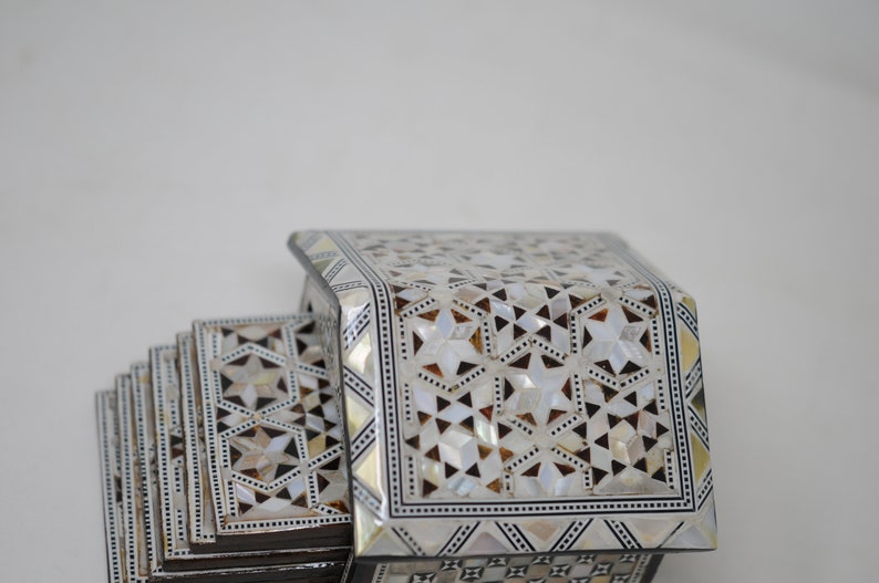 Egyptian Handmade Coasters Set of 6 - Beech wood with inlaid Mother of Pearl Elegant decoration hut made by great details & quality image 10