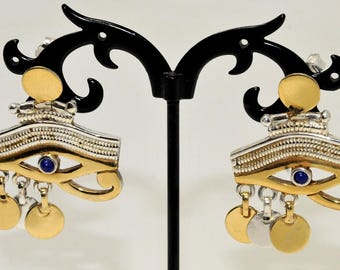 Eye of Horus, Handmade Egyptian 18K gold with sterling silver earrings inlaid with stone with lapis stone or any other stone. Be unique