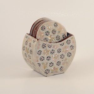 Egyptian Handmade Coasters - Set of 6 - Amazing Beech wood with inlaid Mother of Pearl. Elegant piece decorate your table by it. White