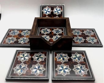 Egyptian Handmade Coasters set of 6 pieces. Amazing Beech wood with inlaid Mother of Pearl. The elegant is on your table
