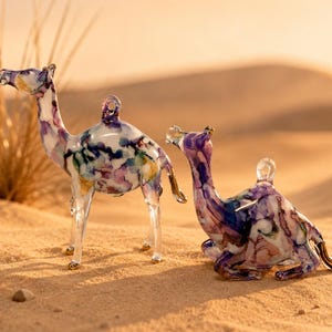 May include: Two glass camel figurines featuring a marbled pattern of purple, blue, white, and gold colors. One camel stands upright while the other sits, and both have a small glass loop on their backs for hanging as ornaments or decorations.