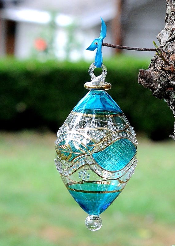 Egyptian Blown Glass Ornament – clear (green/pink/blue /purple/light blue) oval drop with gold design