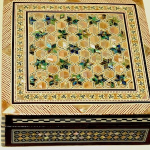Amazing Egyptian Handmade Jewelry Box - Beech wood with inlaid Mother of Pearl 7-inch x 7inch. Made in Egypt by professional craftsmen