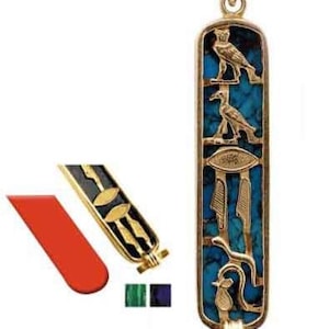 18K gold custom Cartouche with 6 colored stones - Available in Hieroglyphic, Arabic or English. Elegant piece made by our craftsmen in Cairo