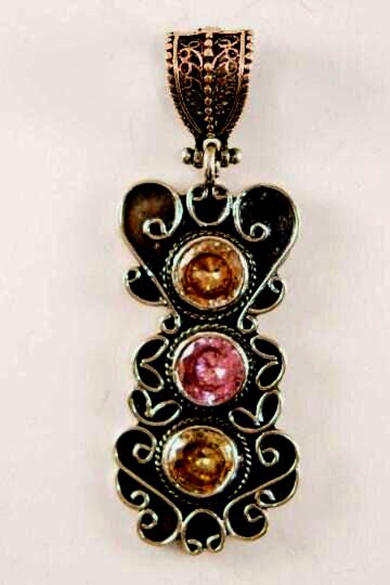 Incased 925 Sterling Silver Pendant Round Pink Zircon and Round Peach Topaz ...