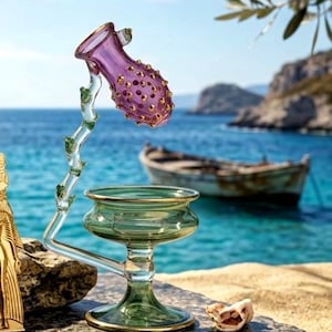 May include: A decorative glass ornament featuring a purple, bulbous top with gold detailing, connected to a green base with a gold rim. The piece is set on a stone surface near the sea, with a boat in the background.