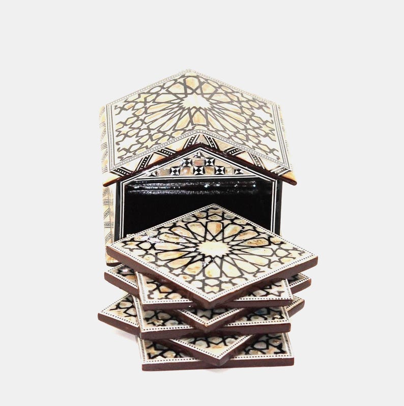 Egyptian Handmade Coasters Set of 6 - Beech wood with inlaid Mother of Pearl Elegant decoration hut made by great details & quality image 5