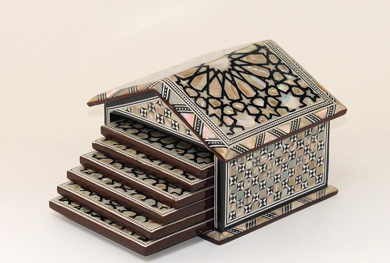 Egyptian Handmade Coasters Set of 6 - Beech wood with inlaid Mother of Pearl Elegant decoration hut made by great details & quality image 4