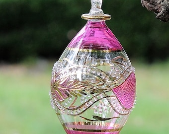 Egyptian Blown Glass Ornament – clear (green/pink/blue /purple/light blue) oval drop with gold design