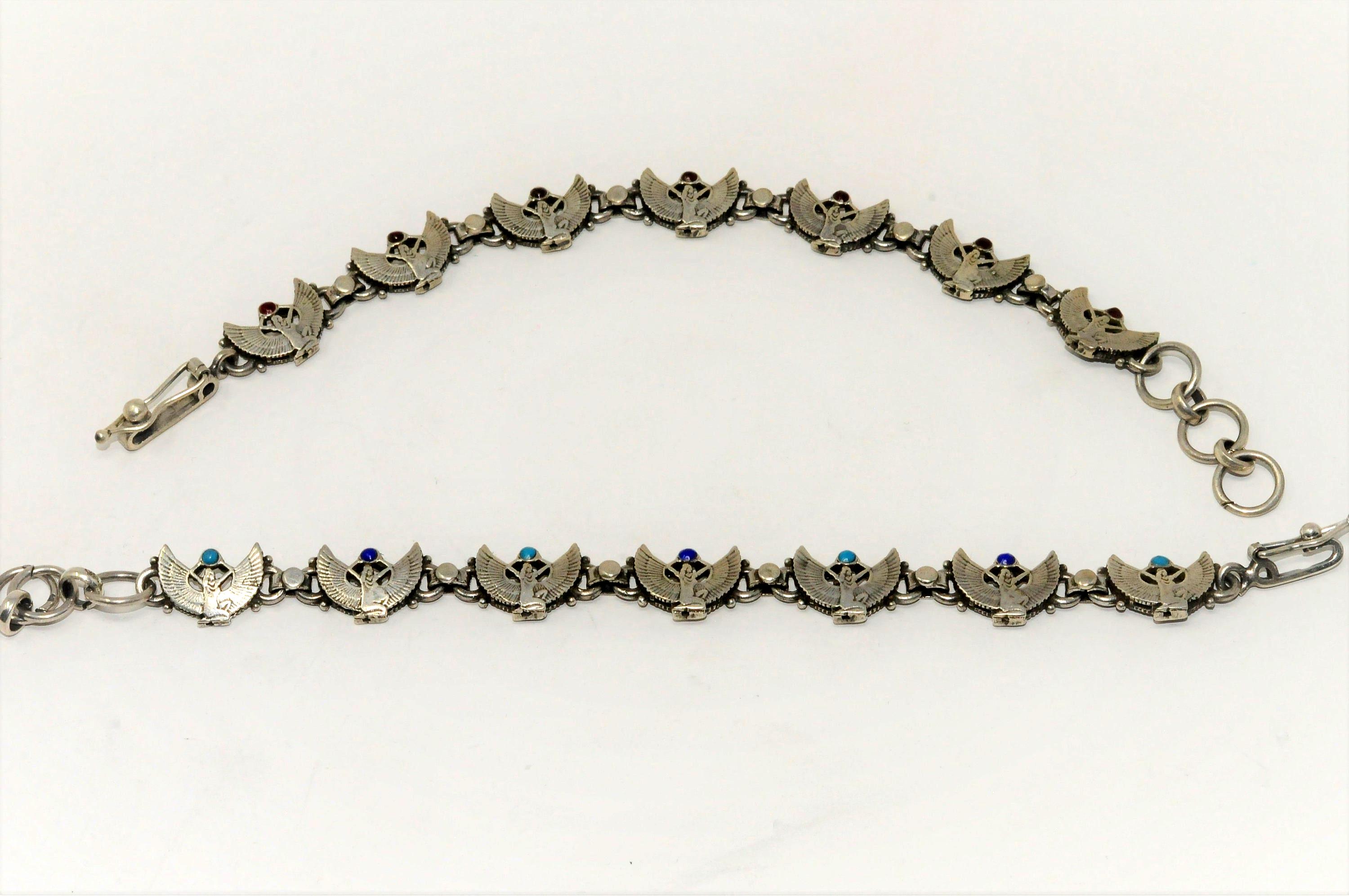 Winged Isis Bracelet, Inlaid With Colored Gems, Sterling