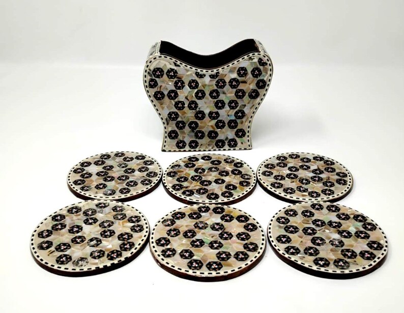 Egyptian Handmade Coasters - Set of 6 - Amazing Beech wood with inlaid Mother of Pearl. Elegant piece decorate your table by it. image 3
