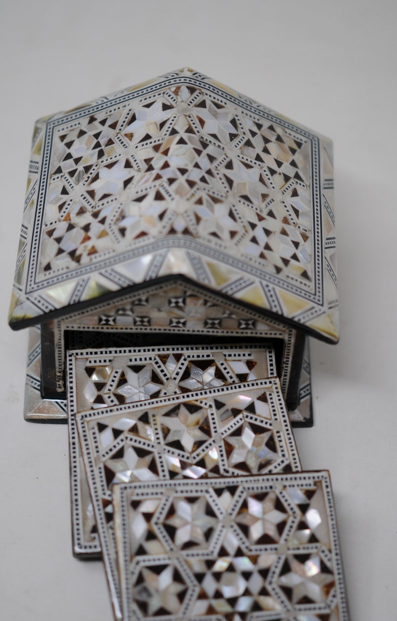 Egyptian Handmade Coasters Set of 6 - Beech wood with inlaid Mother of Pearl Elegant decoration hut made by great details & quality image 6