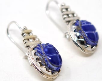 Scarab earrings inlaid with original Scarab stone, golden plated, oxidized or shiny, 925 sterling silver, Egyptian handmade in our workshop