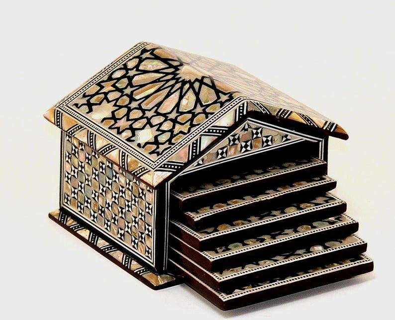 Egyptian Handmade Coasters Set of 6 - Beech wood with inlaid Mother of Pearl Elegant decoration hut made by great details & quality 1