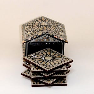 Egyptian Handmade Coasters Set of 6 - Beech wood with inlaid Mother of Pearl Elegant decoration hut made by great details & quality image 3