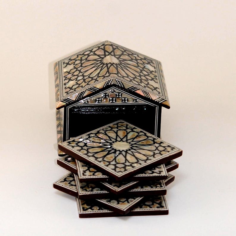 Egyptian Handmade Coasters Set of 6 - Beech wood with inlaid Mother of Pearl Elegant decoration hut made by great details & quality image 3